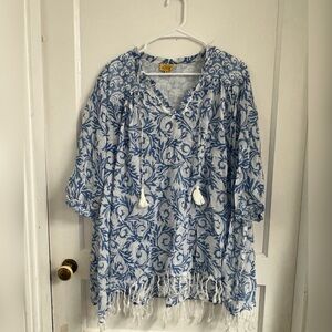 Roberta Roller Rabbit Boho Beach Fringe Tunic Top $148 Size M